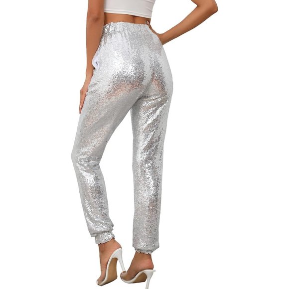 Womens Large Silver Polyester Glitter Sequin Joggers Pants - Picture 4 of 6